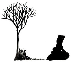 Ein stilisierter Mensch mit großer Kapuze sitzt entspannt zurückgelehnt auf einem großen Stein und betrachtet eine winterliche Baumkrone und einen Vogel, der in dieser sitzt.